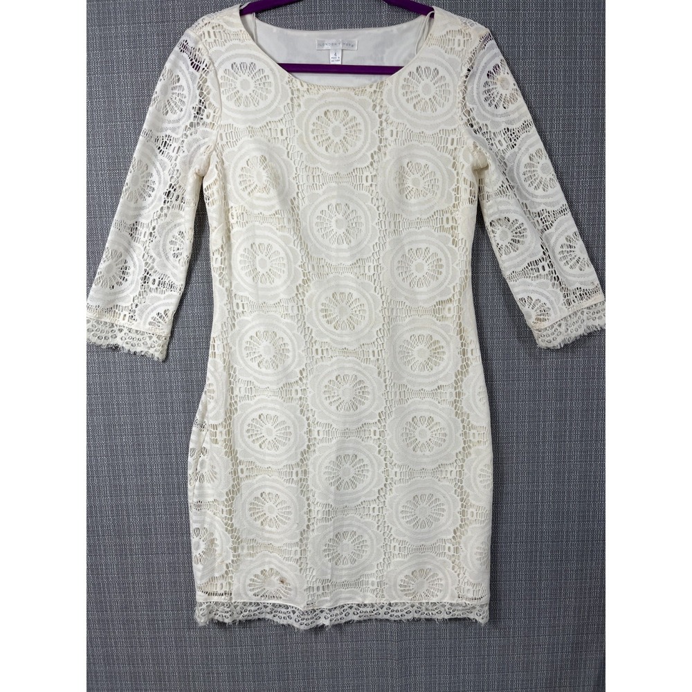 London Times Sheath‎ Dress Womens 4 Beige Floral Lace Round Neck Fringe Trim